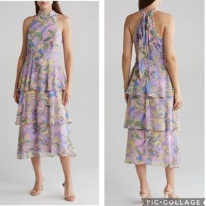 Tahari‎ ASL Sleeveless Tiered Dress Floral Pastel Marble 10